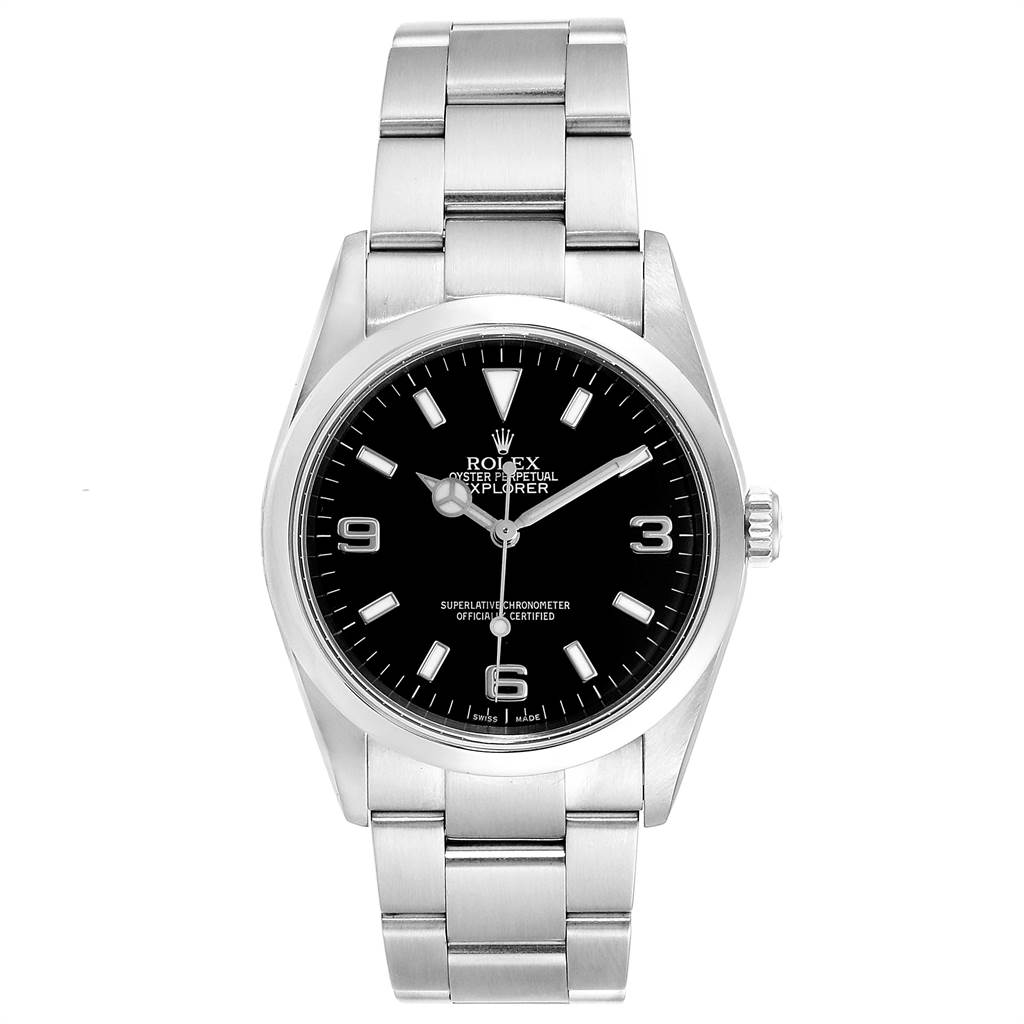 The image shows a front view of a Rolex Explorer 114270 Men's Stainless Steel Black Dial 114270 Men's Stainless Steel Black Dial watch, highlighting the black dial, hour markers, and stainless steel bracelet.