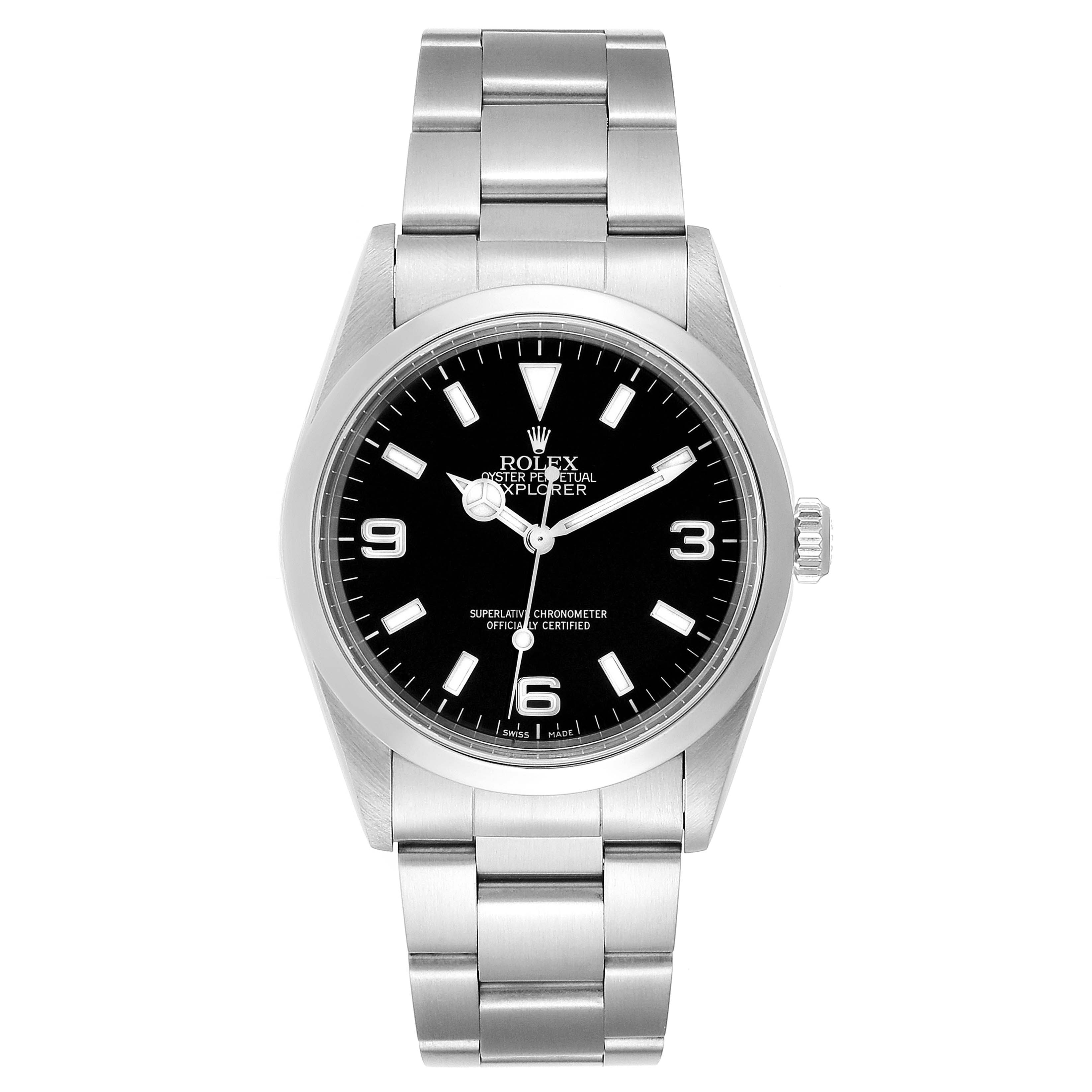 This image shows a frontal view of the Rolex Explorer 14270 Men's Stainless Steel Black Dial 14270 Men's Stainless Steel Black Dial watch, displaying its bezel, black dial, and metal bracelet.