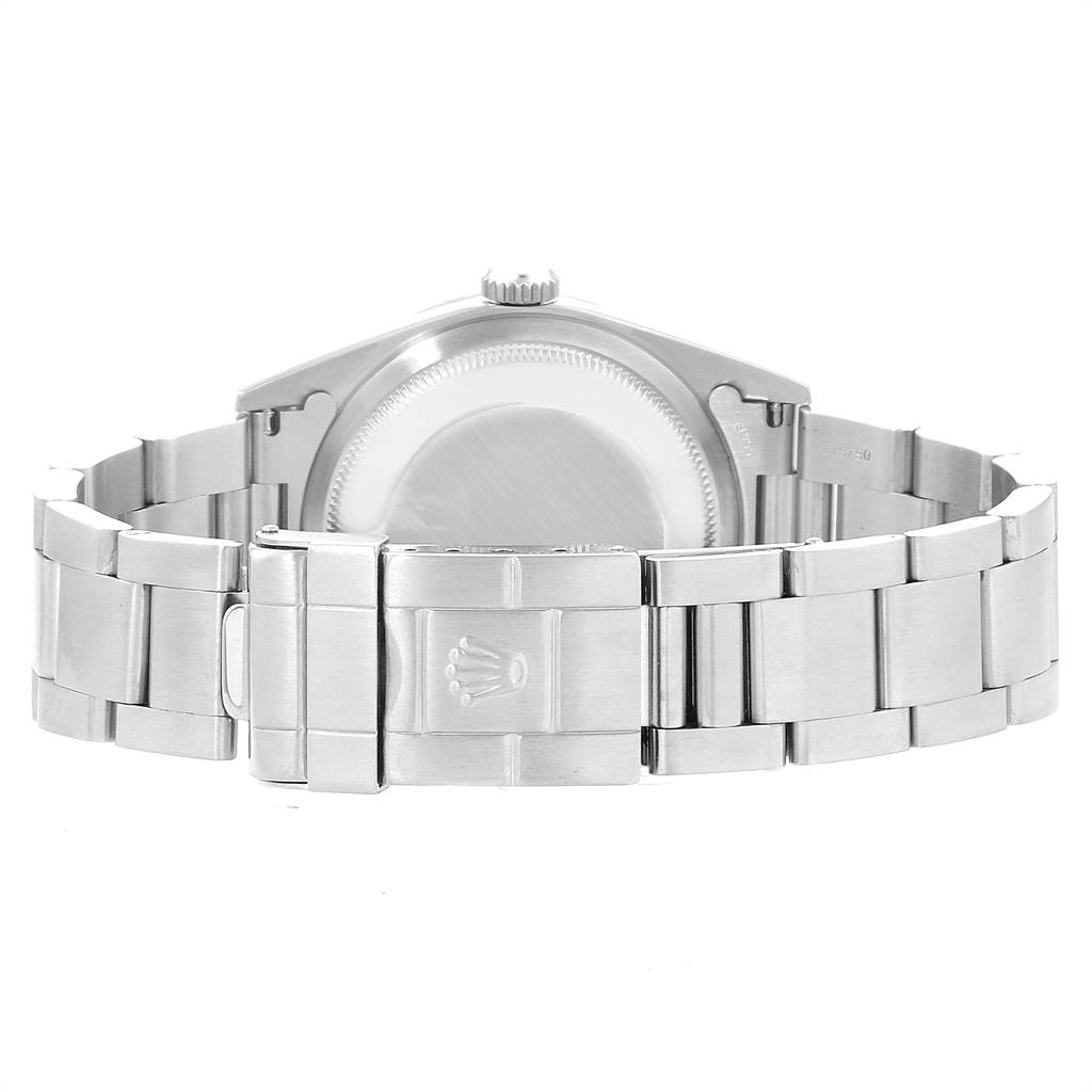 The image shows the back view of a Rolex Explorer 14270 Men's Stainless Steel Black Dial 14270 Men's Stainless Steel Black Dial watch, highlighting its clasp and bracelet.