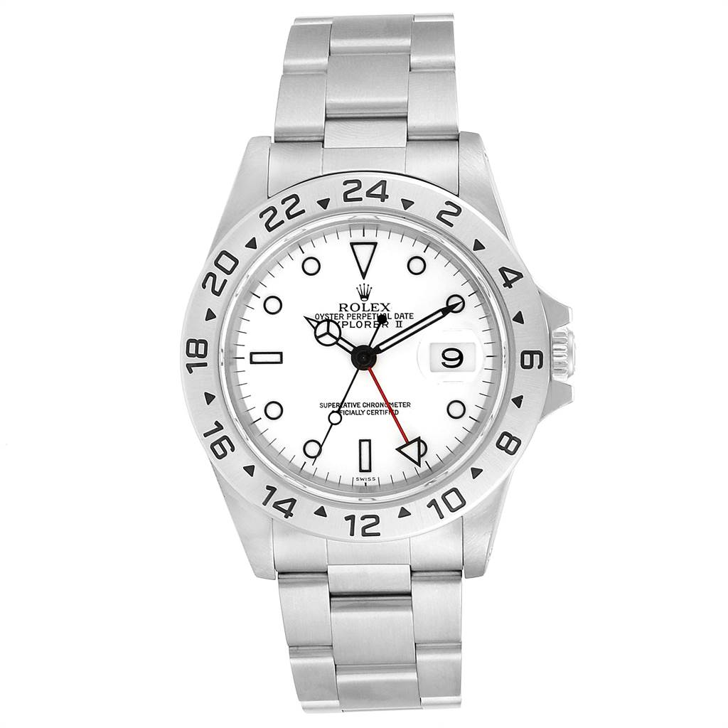 This image shows a front view of the Rolex Explorer 16570 Men's Stainless Steel White Dial 16570 Men's Stainless Steel White Dial watch, displaying its face, bezel, and bracelet.