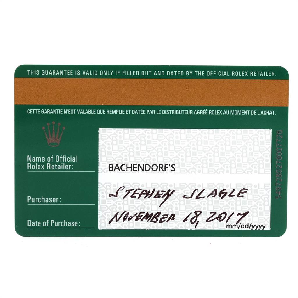 This is a guarantee card for a Rolex Explorer 216570 Men's Stainless Steel Black Dial 216570 Men's Stainless Steel Black Dial watch, showing the retailer, purchaser, and date of purchase.