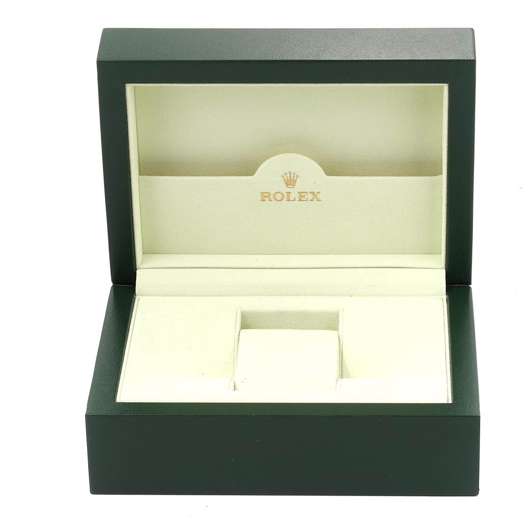 This is an open Rolex Explorer 16570 Men
s Stainless Steel White Dial 16570 Men
s Stainless Steel White Dial watch box viewed from the front, displaying the interior compartments and logo.