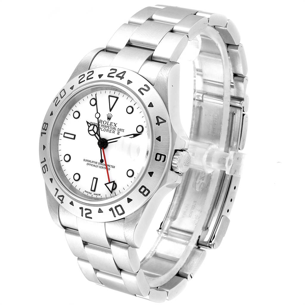 The image shows a Rolex Explorer 16570 Men
s Stainless Steel White Dial 16570 Men
s Stainless Steel White Dial watch from an angled side view, highlighting the bezel, dial, and bracelet.