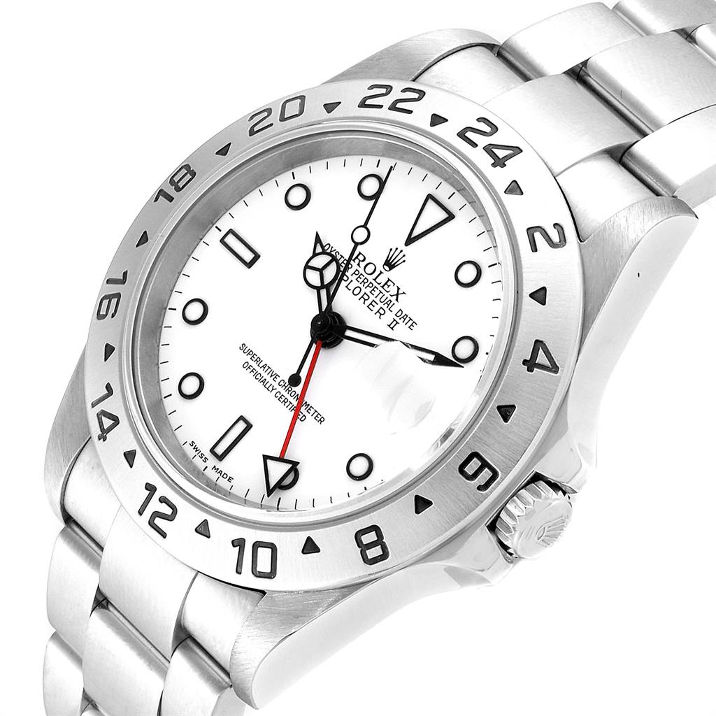 The image shows a close-up of a Rolex Explorer 16570 Men
s Stainless Steel White Dial 16570 Men
s Stainless Steel White Dial watch featuring its face, bezel, and bracelet at an angled view.