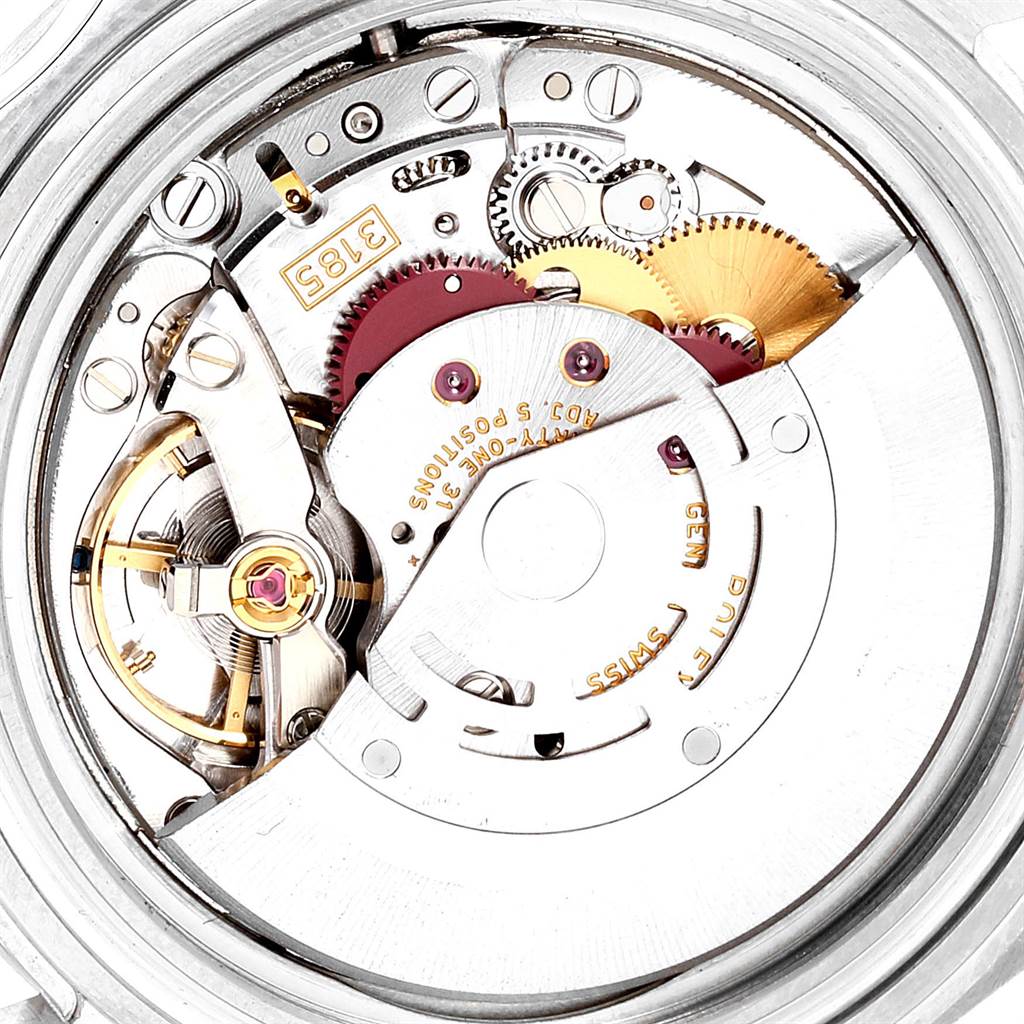 This image shows the movement mechanism of a Rolex Explorer 16570 Men
s Stainless Steel White Dial 16570 Men
s Stainless Steel White Dial watch, viewed from the rear case.