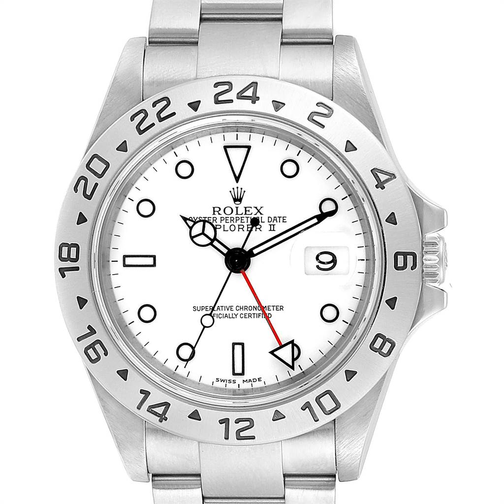 The image shows a front view of a Rolex Explorer 16570 Men
s Stainless Steel White Dial 16570 Men
s Stainless Steel White Dial watch, highlighting its white dial, date window, and numbered bezel.