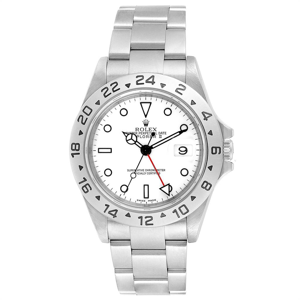 The image shows a frontal view of a Rolex Explorer 16570 Men
s Stainless Steel White Dial 16570 Men
s Stainless Steel White Dial watch, displaying the dial, bezel, bracelet, and crown.