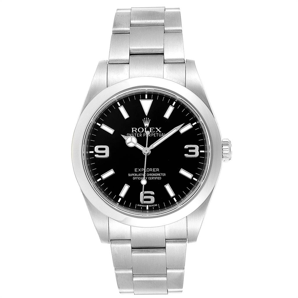 This image shows a front view of the Rolex Explorer 214270 Men's Stainless Steel Black Dial 214270 Men's Stainless Steel Black Dial watch, displaying the dial, bezel, and bracelet.