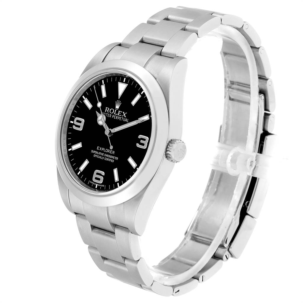 The Rolex Explorer 214270 Men's Stainless Steel Black Dial 214270 Men's Stainless Steel Black Dial watch is shown at a three-quarter angle, highlighting the dial, bracelet, and crown.