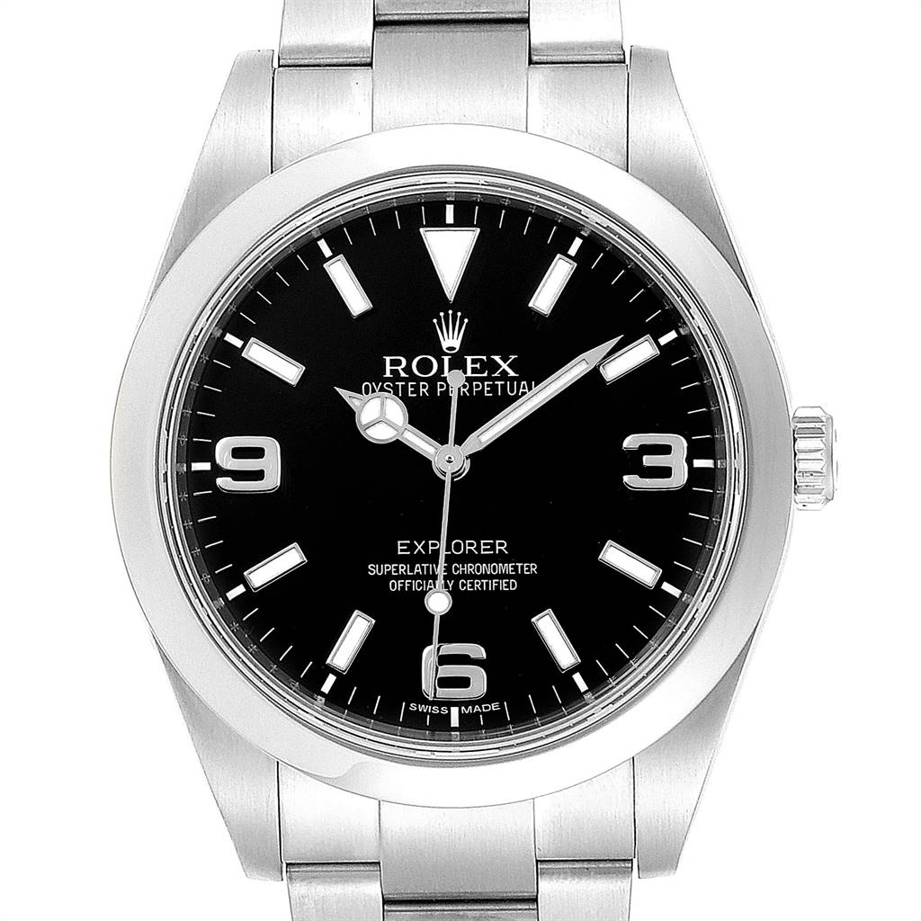 This image shows a front view of a Rolex Explorer 214270 Men's Stainless Steel Black Dial 214270 Men's Stainless Steel Black Dial watch, highlighting the dial, bezel, and bracelet.