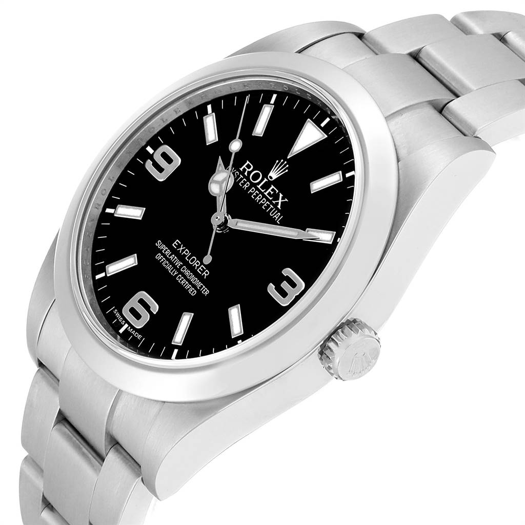 The image shows a Rolex Explorer 214270 Men's Stainless Steel Black Dial 214270 Men's Stainless Steel Black Dial watch at a three-quarter angle, highlighting its stainless steel case, black dial, and bracelet.