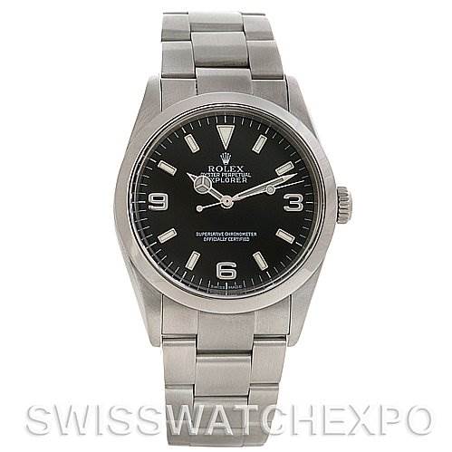 The image shows a front-facing view of a Rolex Explorer 114270 Men's Stainless Steel Black Dial 114270 Men's Stainless Steel Black Dial watch, displaying its dial, bezel, case, and bracelet.