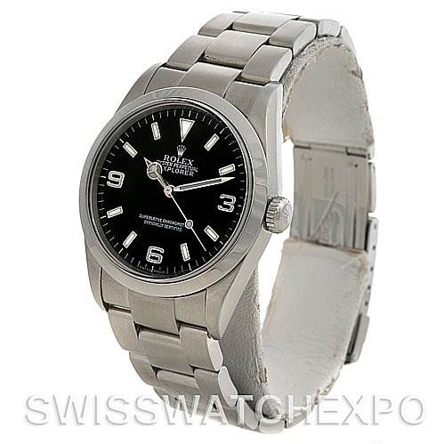 The Rolex Explorer 114270 Men's Stainless Steel Black Dial 114270 Men's Stainless Steel Black Dial watch is shown at an angled view, displaying its face, bezel, and stainless steel bracelet.