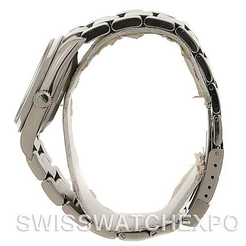 This image shows a side view of the Rolex Explorer 114270 Men's Stainless Steel Black Dial 114270 Men's Stainless Steel Black Dial watch, highlighting the watch case, crown, and bracelet.