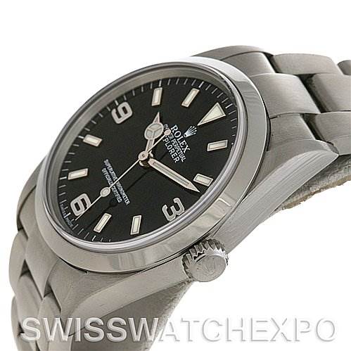 The image shows a side angle of a Rolex Explorer 114270 Men's Stainless Steel Black Dial 114270 Men's Stainless Steel Black Dial watch, highlighting the dial, case, bezel, and part of the bracelet.