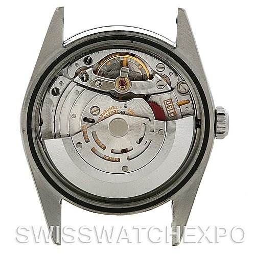 This image shows the back view of the Rolex Explorer 114270 Men's Stainless Steel Black Dial 114270 Men's Stainless Steel Black Dial watch, highlighting its internal mechanical movement.