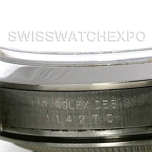 This image shows the edge and side of the case of a Rolex Explorer 114270 Men's Stainless Steel Black Dial 114270 Men's Stainless Steel Black Dial watch, displaying the model number 114270.