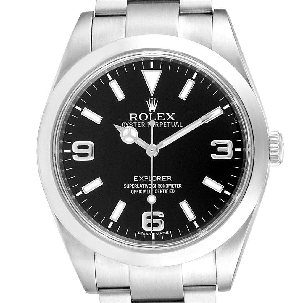 This image shows a front view of the Rolex Explorer 214270 Men's Stainless Steel Black Dial 214270 Men's Stainless Steel Black Dial watch, highlighting its dial, hands, and part of the bracelet.