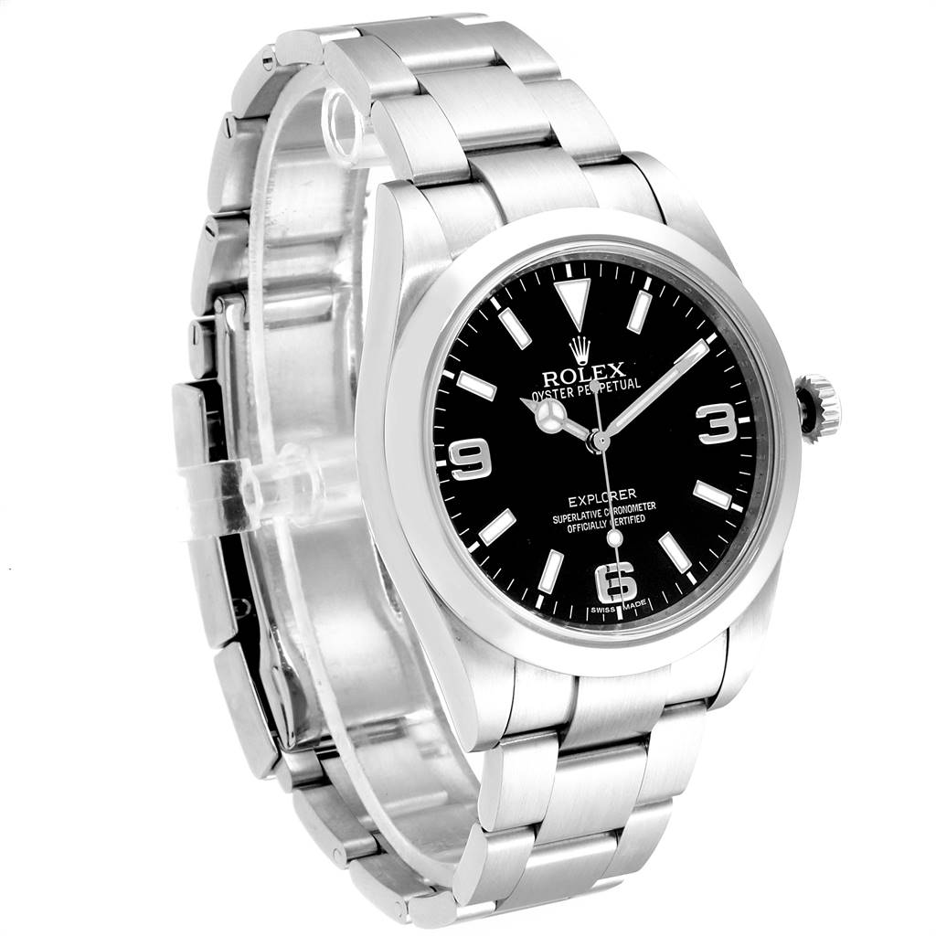 The image shows a Rolex Explorer 214270 Men's Stainless Steel Black Dial 214270 Men's Stainless Steel Black Dial watch angled to display its face, bracelet, and crown.