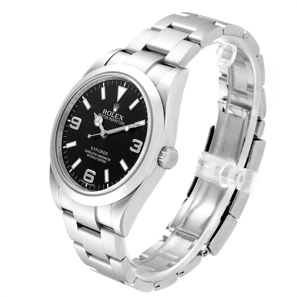 This image shows a side-front angled view of a Rolex Explorer 214270 Men's Stainless Steel Black Dial 214270 Men's Stainless Steel Black Dial watch, highlighting the dial, bezel, crown, and bracelet.