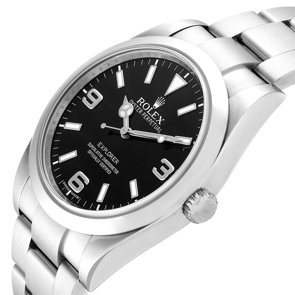 This image shows a Rolex Explorer 214270 Men's Stainless Steel Black Dial 214270 Men's Stainless Steel Black Dial watch angled to display the face, bezel, crown, and part of the bracelet.