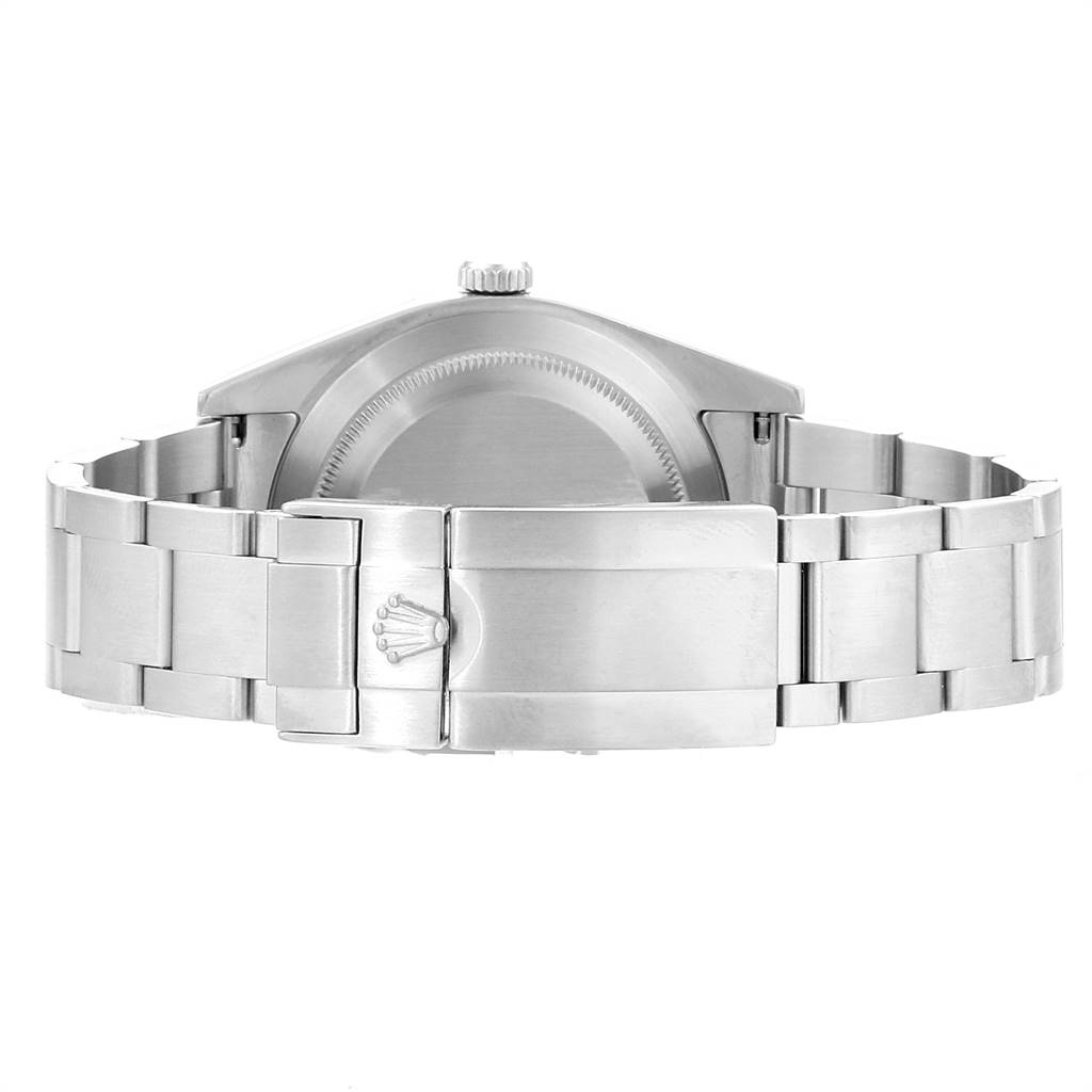 The image shows the back view of a Rolex Explorer 214270 Men's Stainless Steel Black Dial 214270 Men's Stainless Steel Black Dial watch, highlighting its clasp, bracelet, and case back.