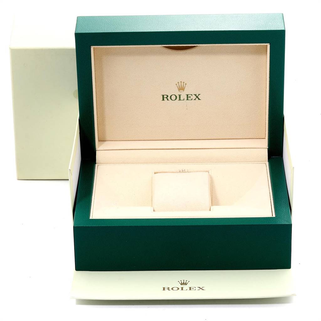 The image shows an open, empty watch box for a Rolex Explorer 214270 Men's Stainless Steel Black Dial 214270 Men's Stainless Steel Black Dial model, viewed from the front.