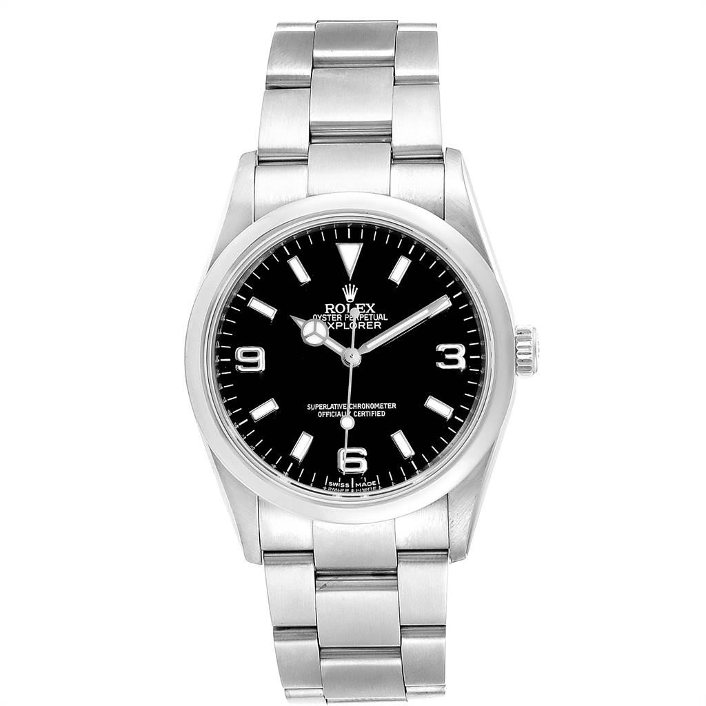 This image shows a frontal view of the Rolex Explorer 114270 Men's Stainless Steel Black Dial 114270 Men's Stainless Steel Black Dial watch, displaying its face, bezel, and bracelet.