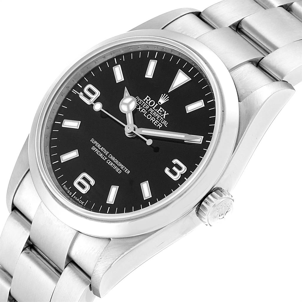 The image shows a top-down view of a Rolex Explorer 114270 Men's Stainless Steel Black Dial 114270 Men's Stainless Steel Black Dial watch, highlighting its face, bezel, and metal bracelet.