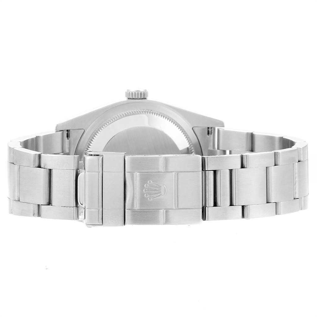 This image shows the back view of the Rolex Explorer 114270 Men's Stainless Steel Black Dial 114270 Men's Stainless Steel Black Dial watch, highlighting the clasp, bracelet, and case back.