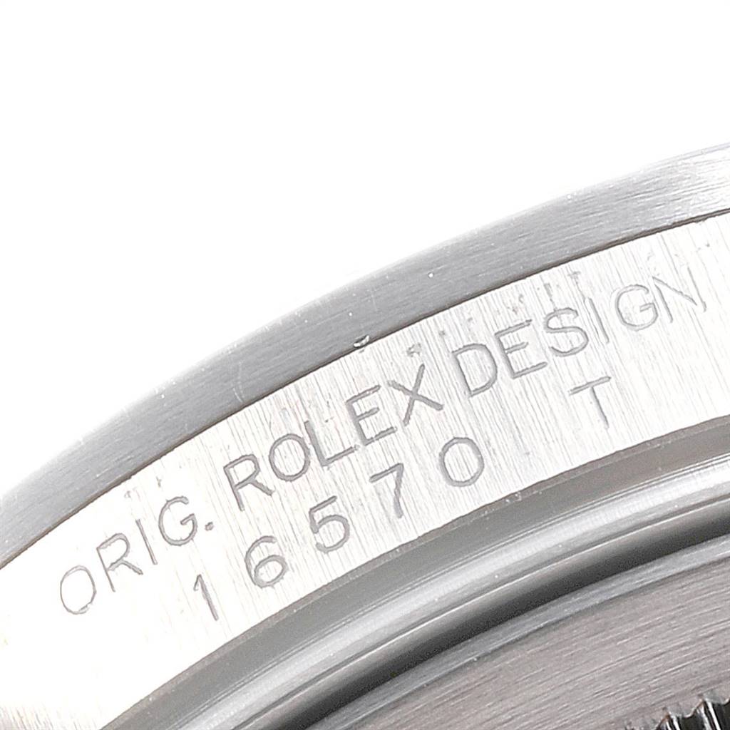 This close-up angle shows the engraved model number and design details on the case of the Rolex Explorer 16570 Men's Stainless Steel Black Dial 16570 Men's Stainless Steel Black Dial watch.