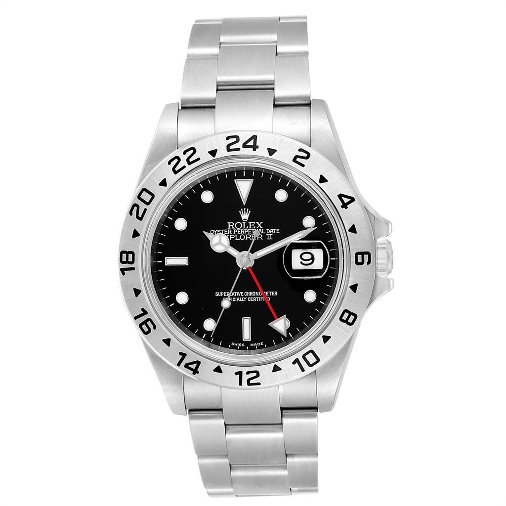 The Rolex Explorer 16570 Men's Stainless Steel Black Dial 16570 Men's Stainless Steel Black Dial watch is shown from the front angle, displaying the face, bezel, bracelet, and crown.