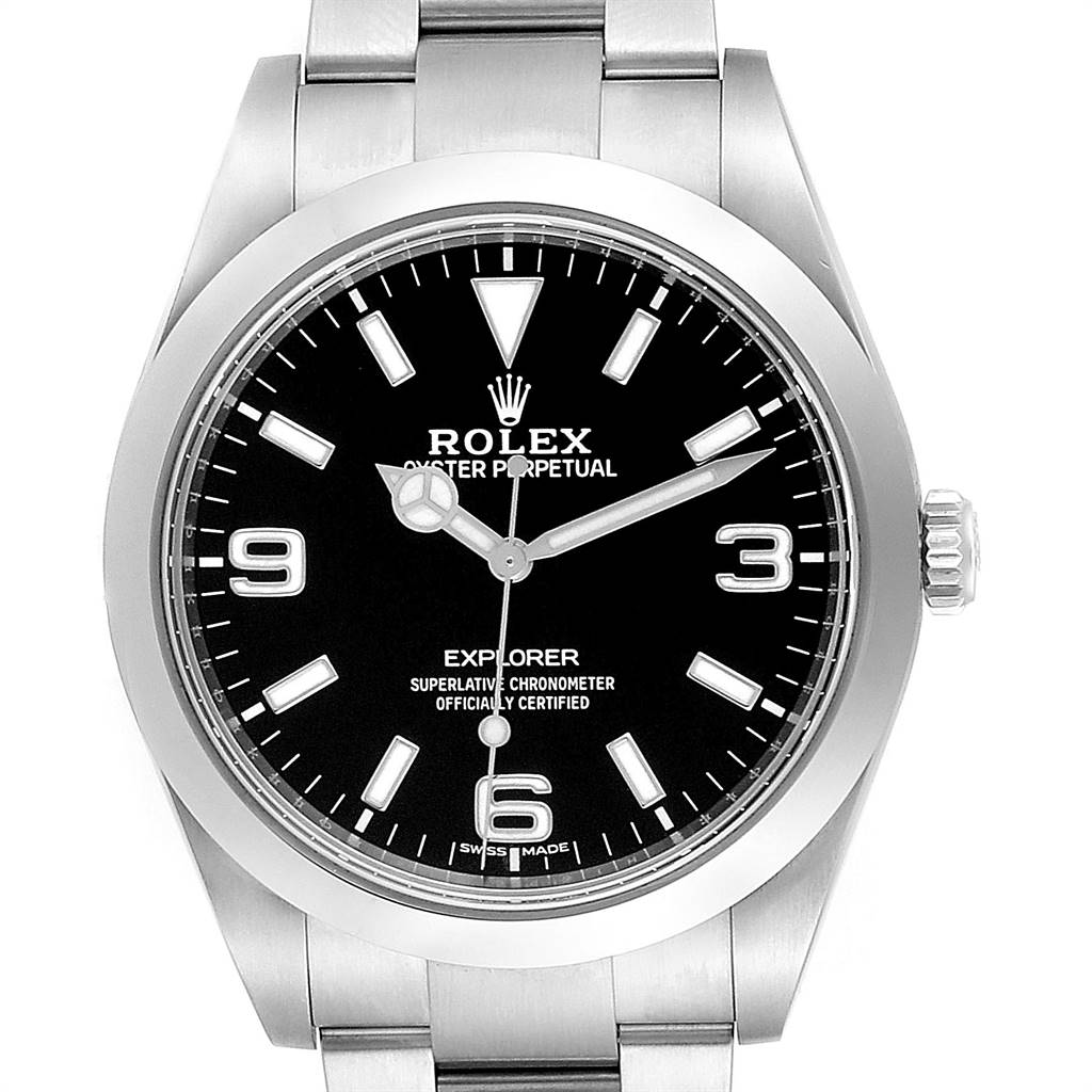The image shows a frontal view of the Rolex Explorer 214270 Men's Stainless Steel Black Dial 214270 Men's Stainless Steel Black Dial watch, displaying its black dial, hands, markers, and part of the bracelet.
