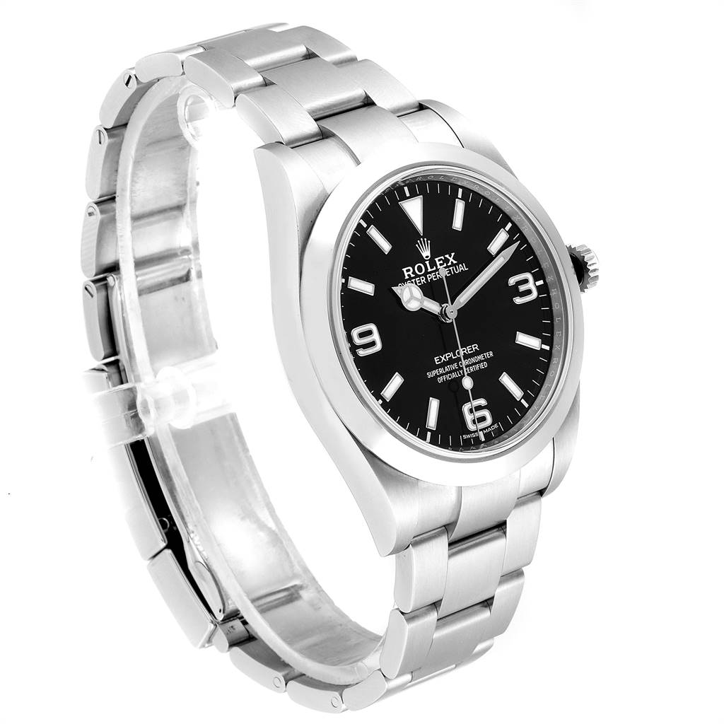 The image shows a side and partial front view of a Rolex Explorer 214270 Men's Stainless Steel Black Dial 214270 Men's Stainless Steel Black Dial watch, highlighting the stainless steel bracelet and black dial.
