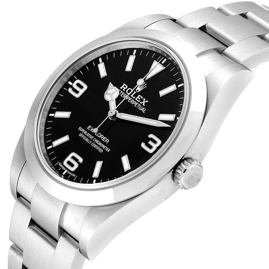 This image shows a Rolex Explorer 214270 Men's Stainless Steel Black Dial 214270 Men's Stainless Steel Black Dial watch at an angle highlighting the dial, bezel, crown, and part of the bracelet.
