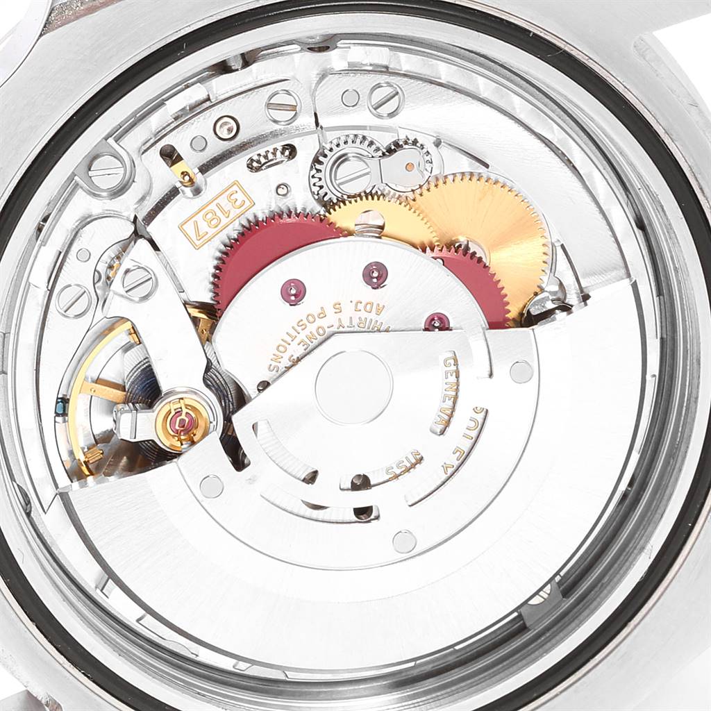 This close-up image shows the intricate internal mechanical movement of the Rolex Explorer 216570 Men's Stainless Steel White Dial 216570 Men's Stainless Steel White Dial watch.