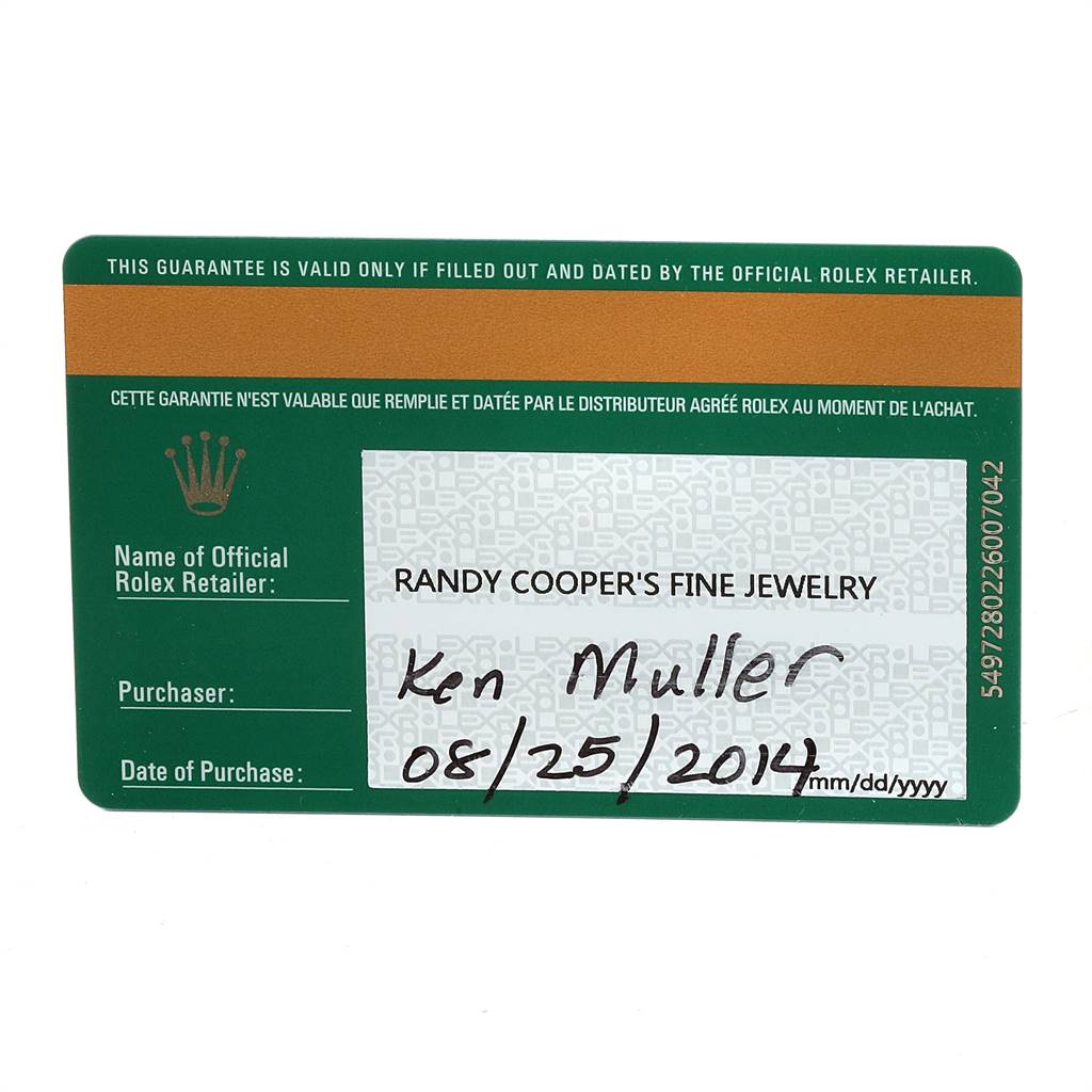 This is a guarantee card for a Rolex Explorer 216570 Men's Stainless Steel White Dial 216570 Men's Stainless Steel White Dial watch, showing the retailer, purchaser, and date of purchase information.