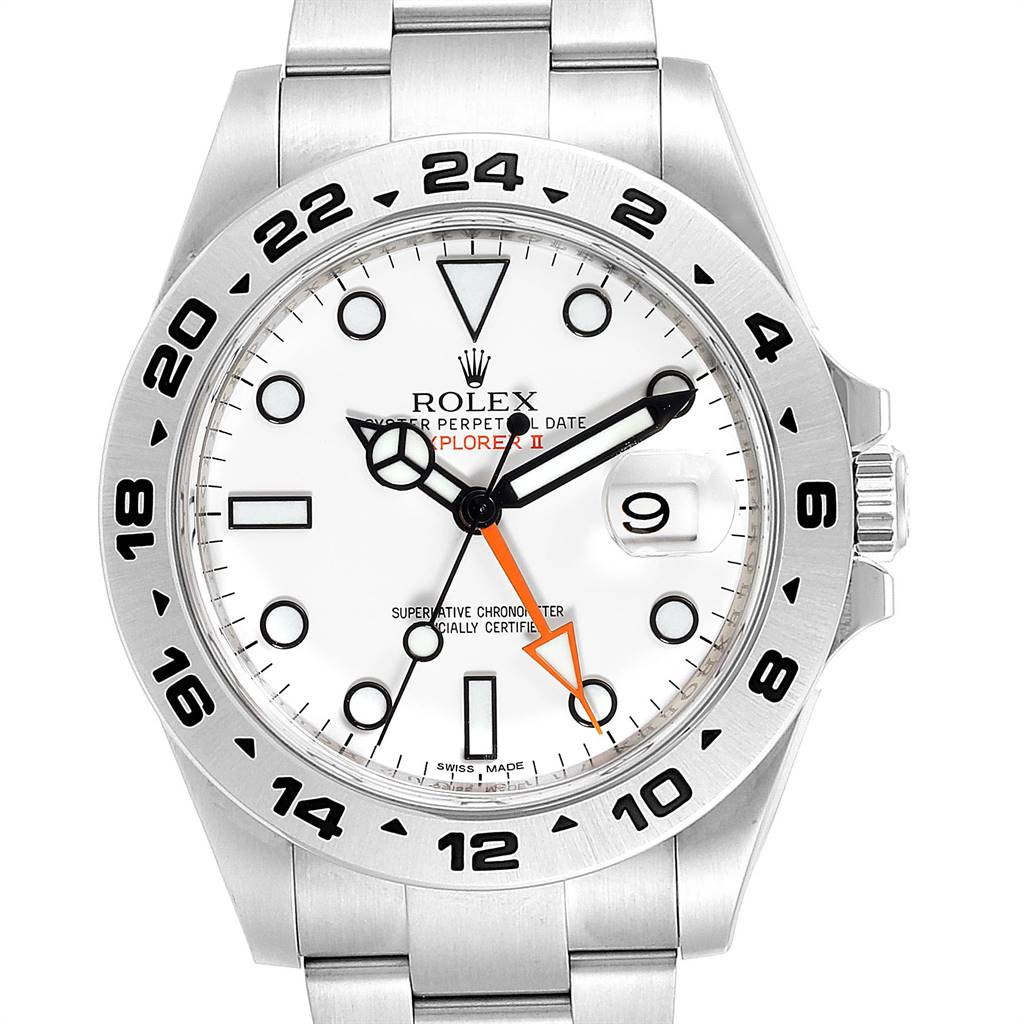 The image shows a front view of a Rolex Explorer 216570 Men's Stainless Steel White Dial 216570 Men's Stainless Steel White Dial watch highlighting its dial, bezel, hands, and bracelet.