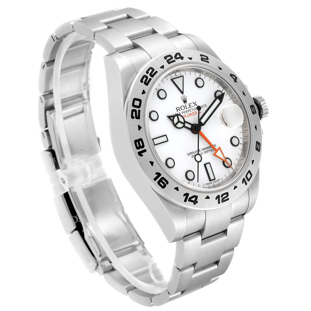 The image shows a Rolex Explorer 216570 Men's Stainless Steel White Dial 216570 Men's Stainless Steel White Dial model watch from a front-left angle, highlighting its bracelet and dial.