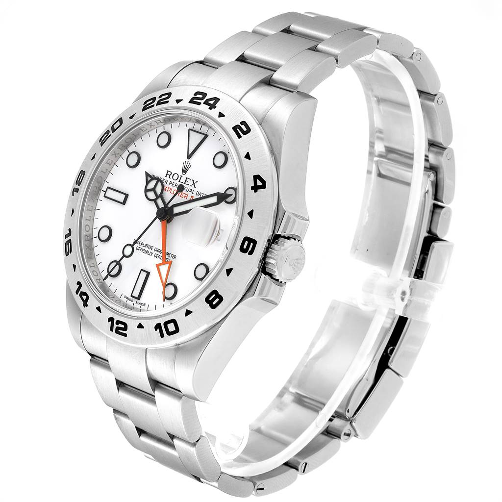 The Rolex Explorer 216570 Men's Stainless Steel White Dial 216570 Men's Stainless Steel White Dial model is shown at a three-quarter angle, highlighting the face, bezel, crown, and bracelet.