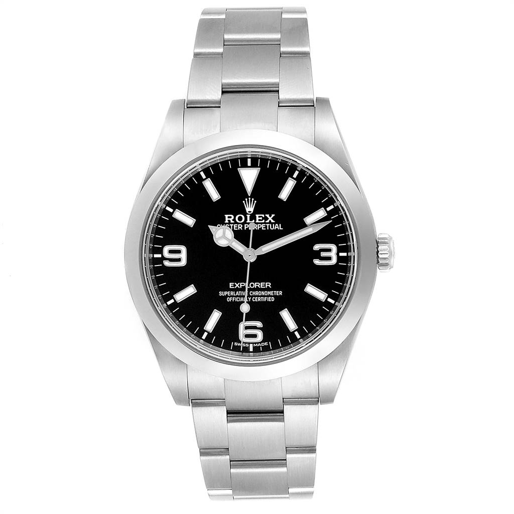 This image shows a front view of the Rolex Explorer 214270 Men's Stainless Steel Black Dial 214270 Men's Stainless Steel Black Dial model watch, highlighting its black dial, stainless steel bracelet, and luminescent markers.