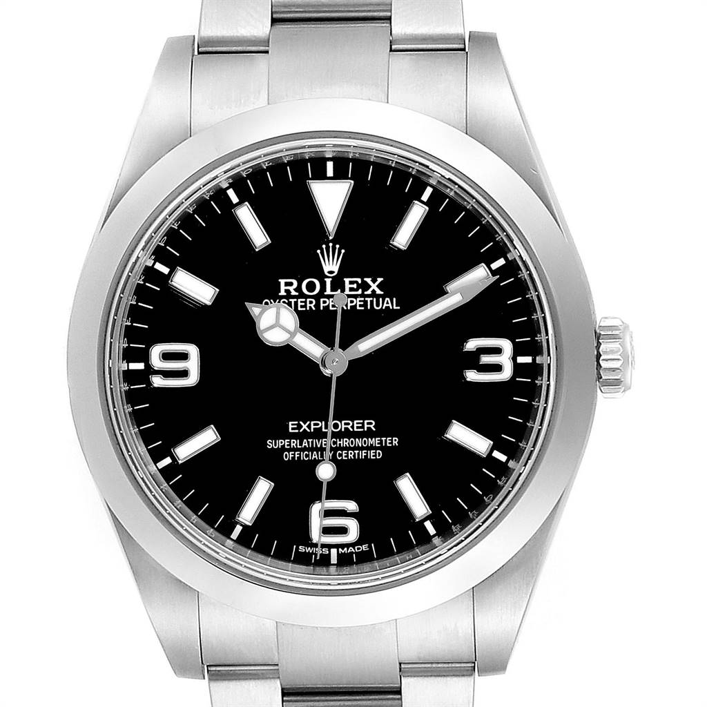 The image shows a front view of the Rolex Explorer 214270 Men's Stainless Steel Black Dial 214270 Men's Stainless Steel Black Dial watch, displaying its black dial, hour markers, hands, and stainless steel bracelet.