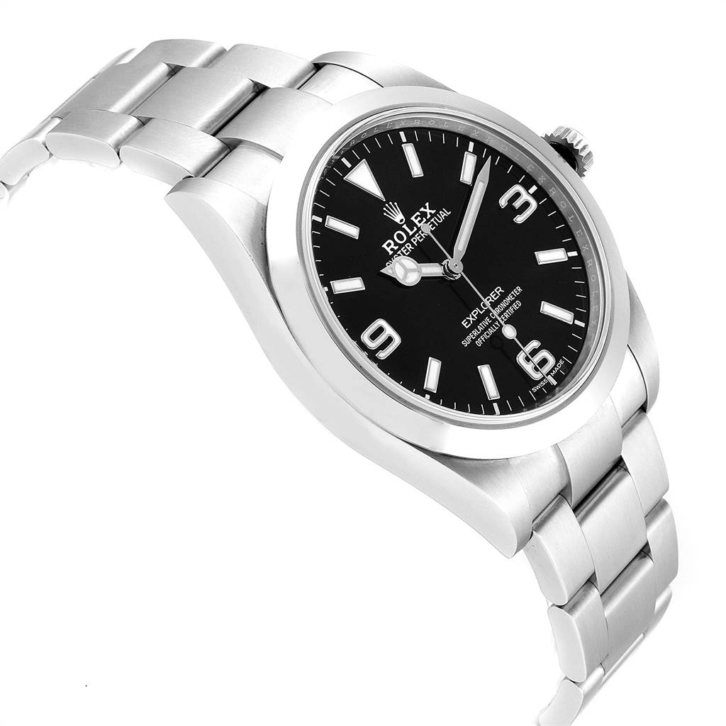 This image shows a Rolex Explorer 214270 Men's Stainless Steel Black Dial 214270 Men's Stainless Steel Black Dial watch from an angled perspective, highlighting its face, bezel, and stainless steel bracelet.