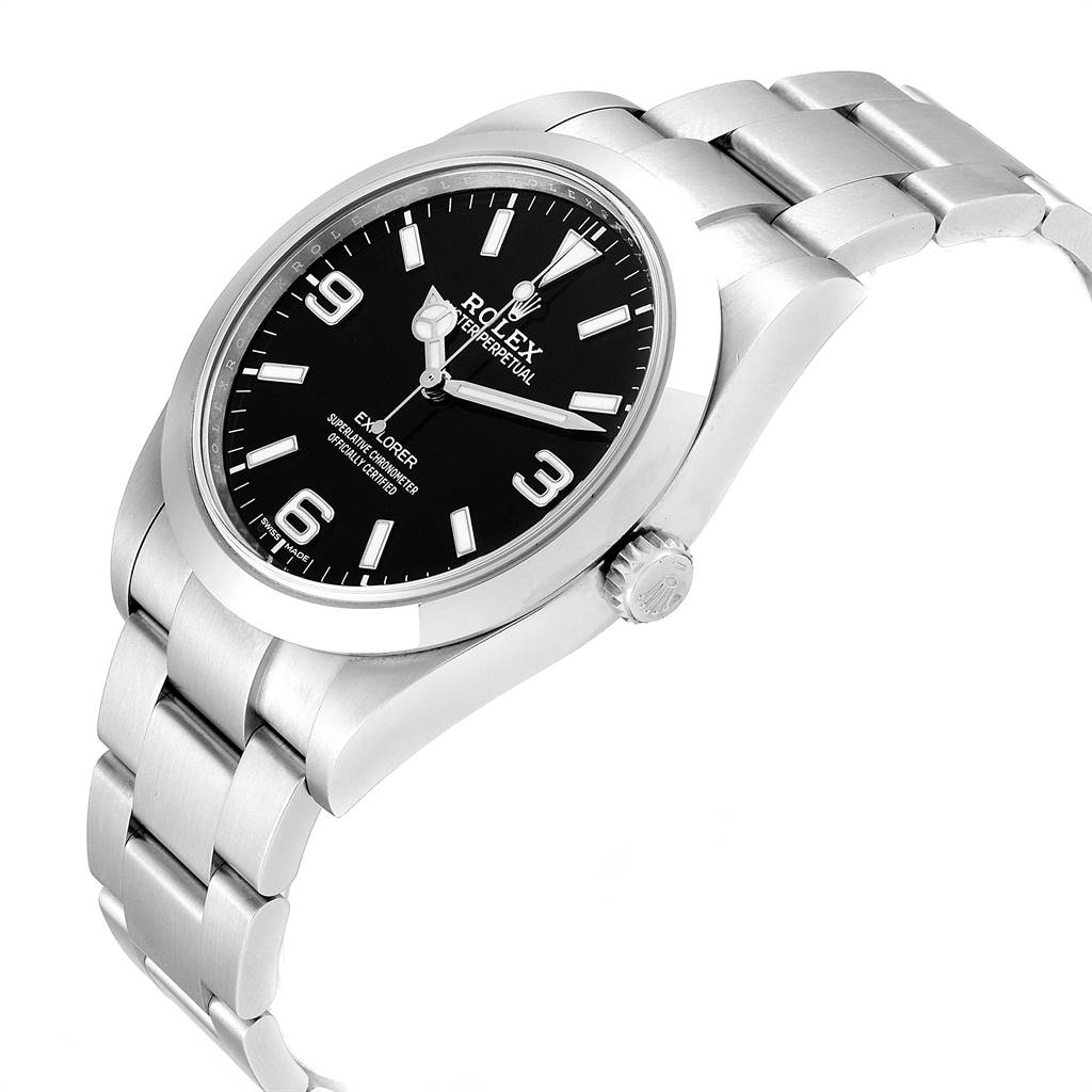 The image shows a side view of a Rolex Explorer 214270 Men's Stainless Steel Black Dial 214270 Men's Stainless Steel Black Dial watch, highlighting its black dial, crown, and stainless steel bracelet.