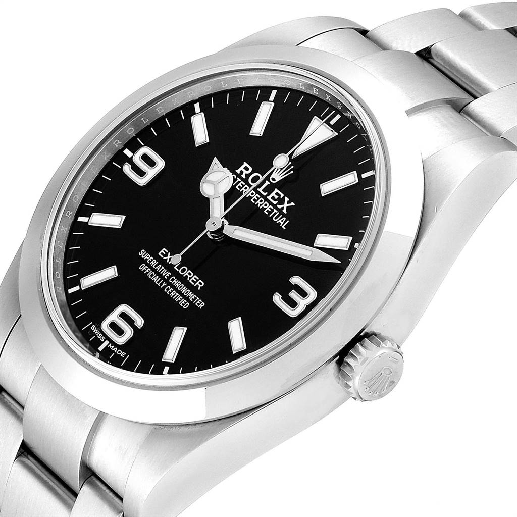 The image shows a close-up angled view of the Rolex Explorer 214270 Men's Stainless Steel Black Dial 214270 Men's Stainless Steel Black Dial watch, highlighting the face, bezel, and part of the bracelet.