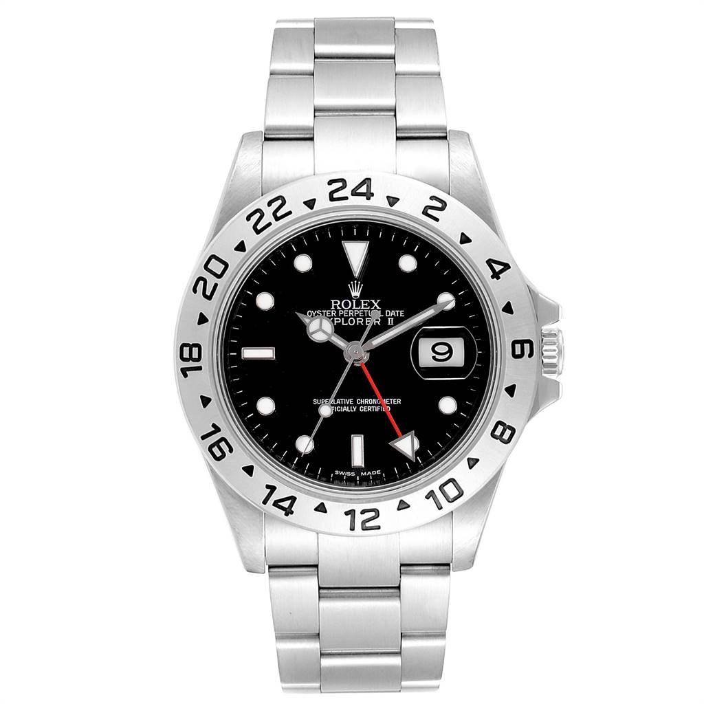 The image shows a front view of a Rolex Explorer 16570 Men's Stainless Steel Black Dial 16570 Men's Stainless Steel Black Dial watch, featuring its black dial, date display, and stainless steel bracelet.