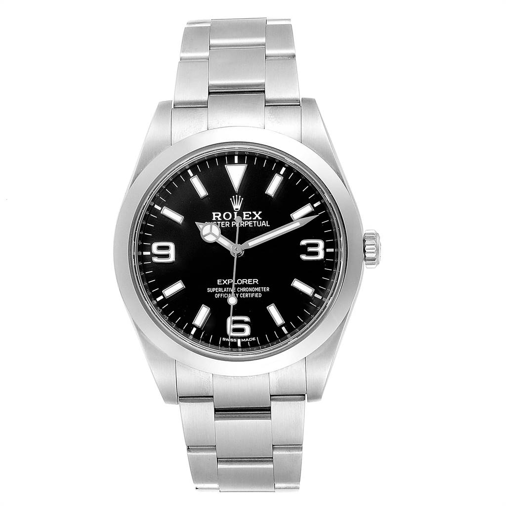 The image shows a front view of a Rolex Explorer 214270 Men's Stainless Steel Black Dial 214270 Men's Stainless Steel Black Dial watch, highlighting the dial, bezel, and bracelet.