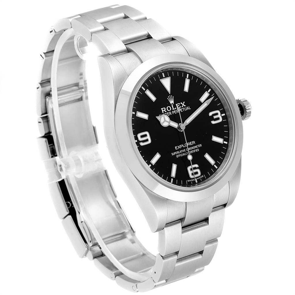 The image shows a side angle view of a Rolex Explorer 214270 Men's Stainless Steel Black Dial 214270 Men's Stainless Steel Black Dial watch, highlighting its bracelet, case, and black dial.