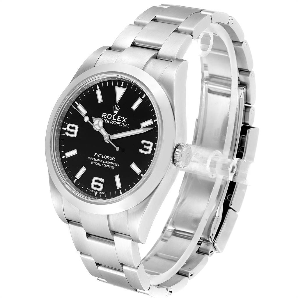 This image shows a side angle view of a Rolex Explorer 214270 Men's Stainless Steel Black Dial 214270 Men's Stainless Steel Black Dial watch, displaying its black dial, stainless steel case, and bracelet.