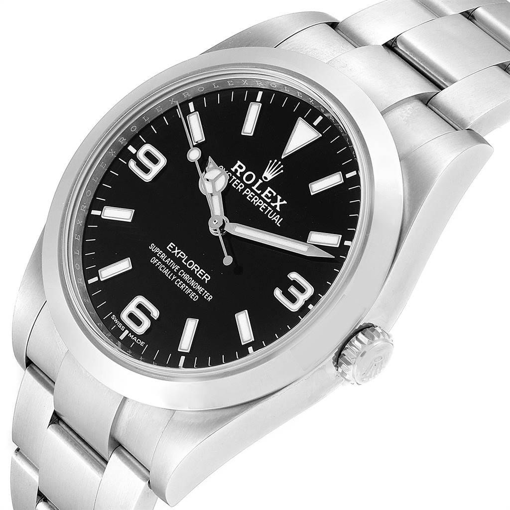 The image shows a side angle of a Rolex Explorer 214270 Men's Stainless Steel Black Dial 214270 Men's Stainless Steel Black Dial watch, featuring its black dial, silver hour markers, and stainless steel bracelet.